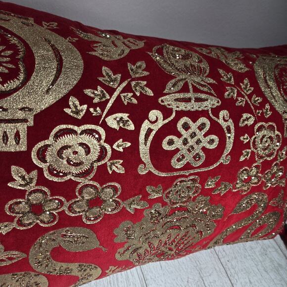 NWT RED APPLIQUE EMBROIDERED GOLD BEADED VELVET PILLOW Chinese 23x14" ASIAN - Picture 3 of 10
